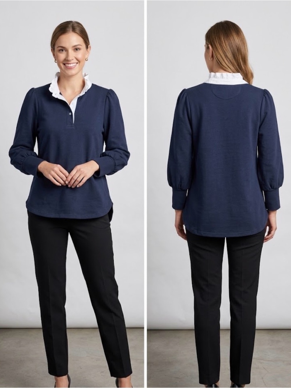 Pomander Place Charlotte Navy Blue Terry Top White Ruffle Collar Small